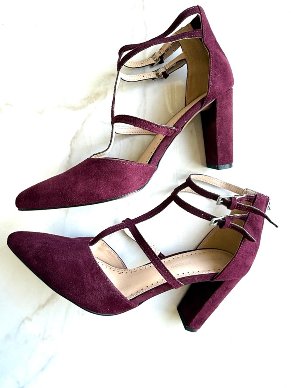 Adrienne Vittadini Burgundy Suede T-Strap Pointed Block Heels